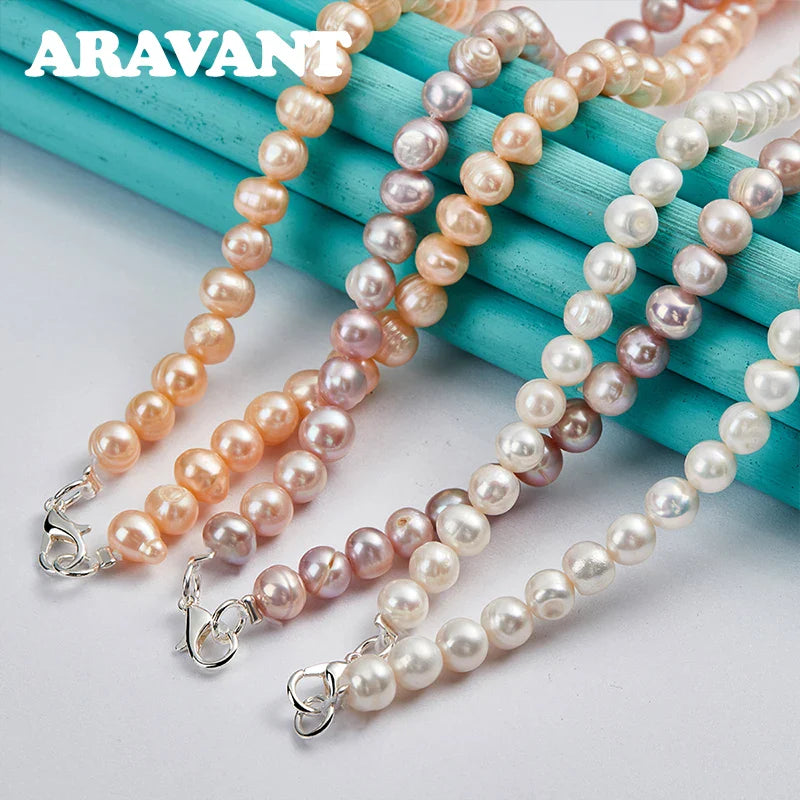 Aravant 925 Silver Freshwater Pearl Necklaces Chain For Women Wedding Fashion Jewelry