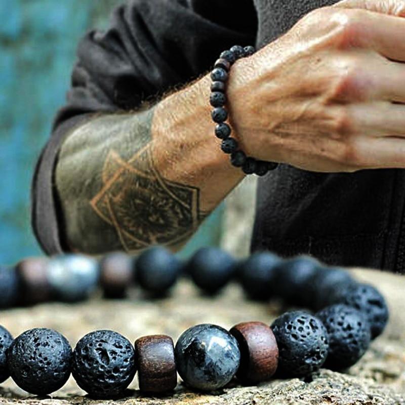 Adjustable men's beaded bracelet featuring natural black lava stone and moonstone with macrame tassel