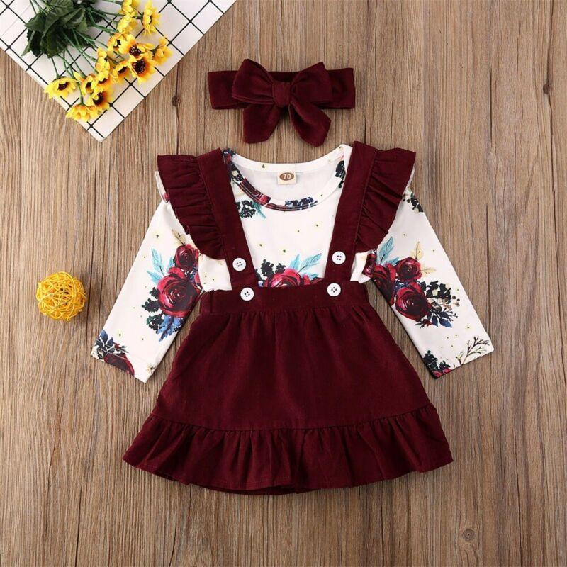 Baby Girl Floral Romper Jumpsuit & Skirt Set with Headband