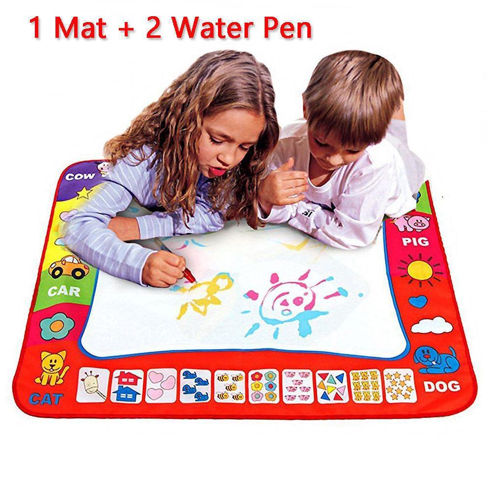 A white magic water drawing mat with an alphabet and space theme for toddlers, featuring a magic water pen.