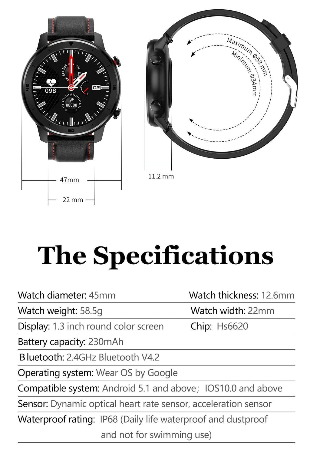 Luxury Round Business Smart Watch with Heart Rate Monitor and Leather