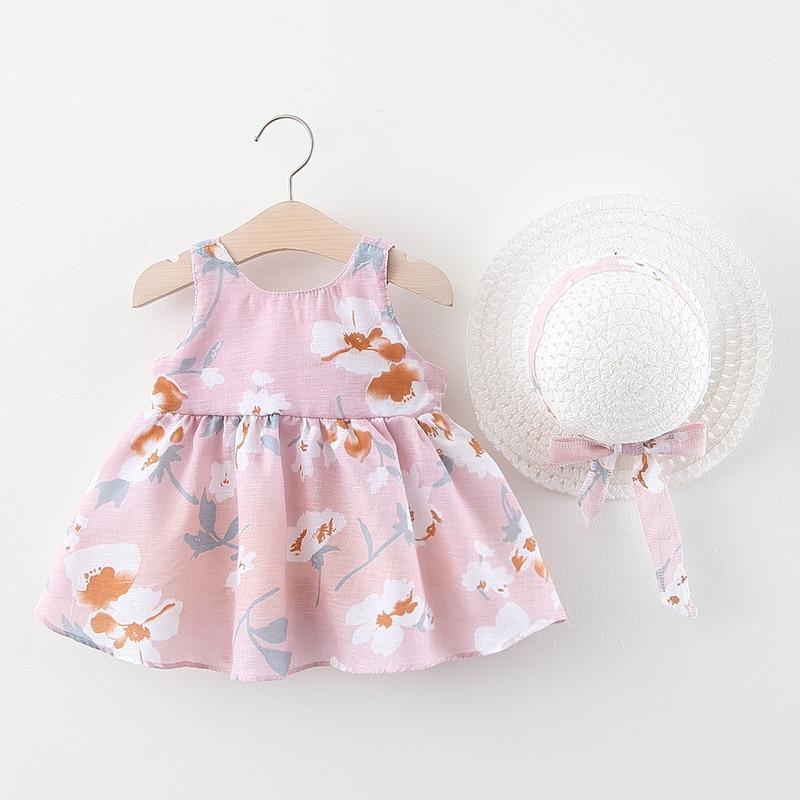 Luxury Modern Summer Bow Print Dress and Matching Hat Set for Girls