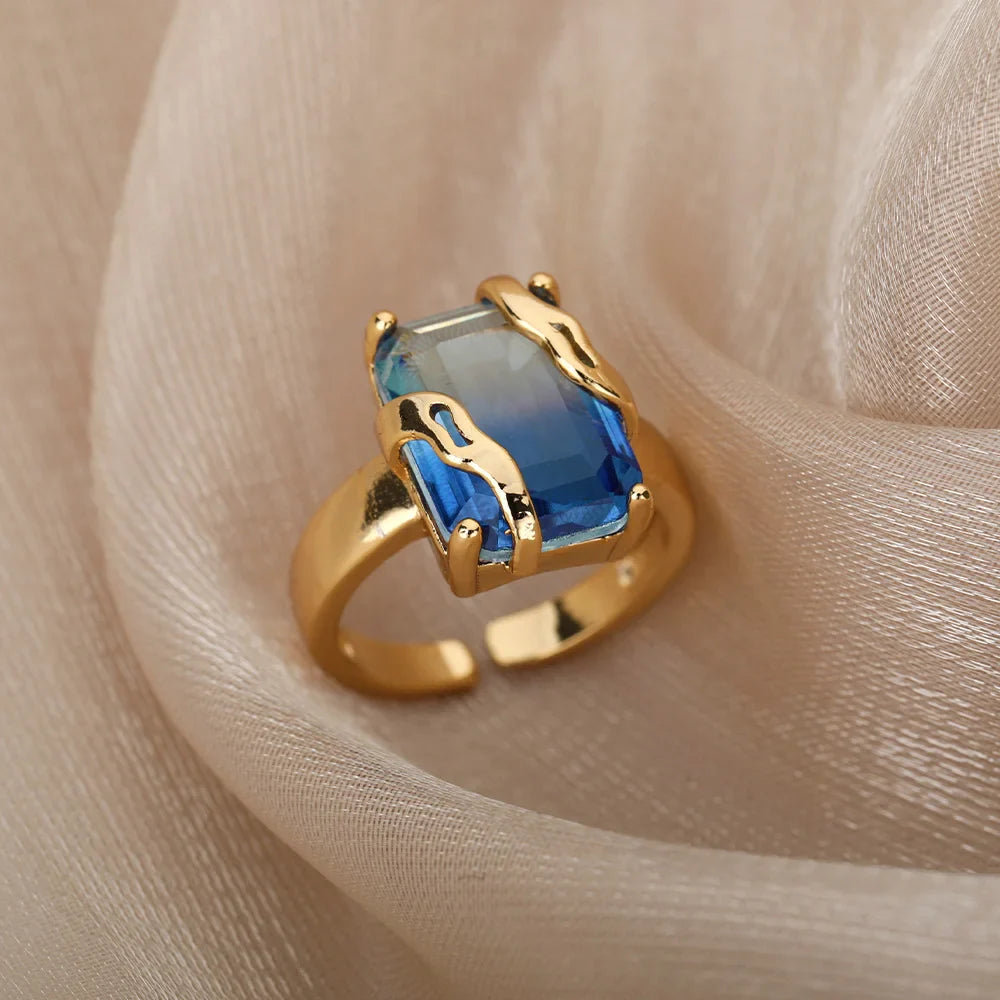 Cubic Zircon Blue Square Stone Rings For Women Stainless Steel Square Stone Finger Ring Party Aesthetic Valentine Jewelry Gift