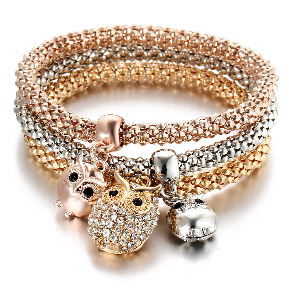 3colors/Lot Elastic Bracelets & Bangle For Women Crystal Tree of Life Owl Key lock Music Note Owl Butterfly Heart Charm Jewelry