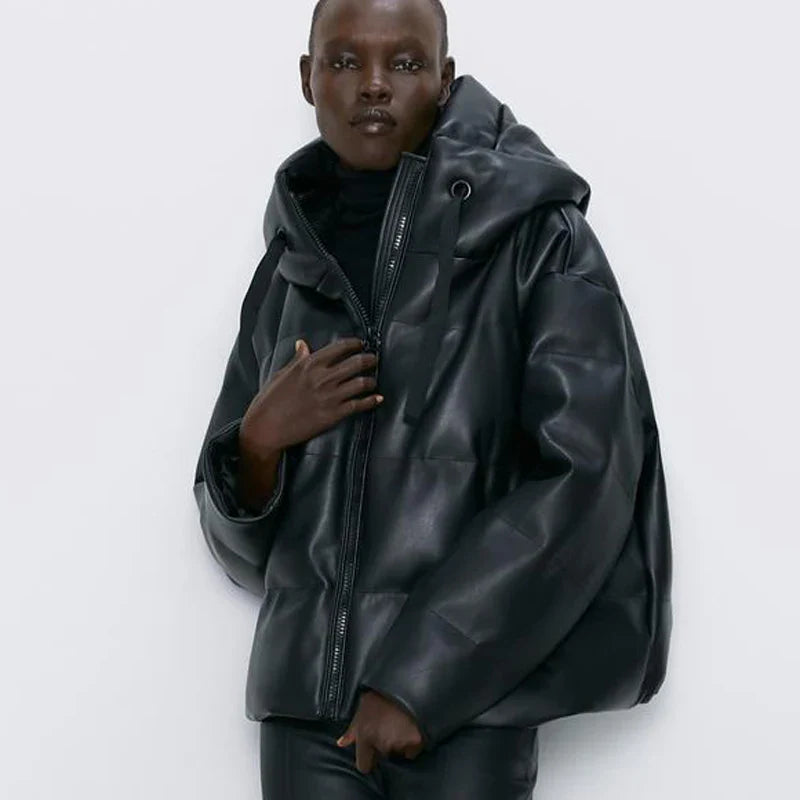 Women's Black Faux Leather Hooded Puffer Parka Jacket - Image 3