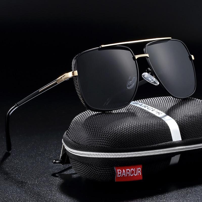 Men's masculine square-frame polarized sunglasses in black, gold, and brown