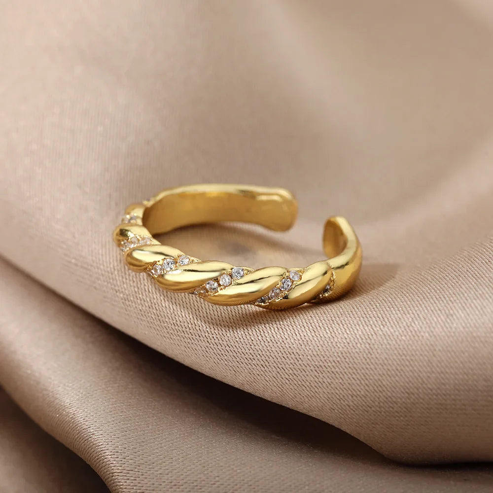 Zircon Twisted Rings For Women Punk Stainless Steel Gold Color Open Ring Geometric Finger Ring Hip Hop Charm Jewelry Gift