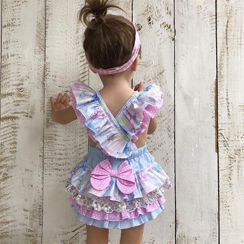 Baby girl floral print tutu romper with bowknot back-cross detail.