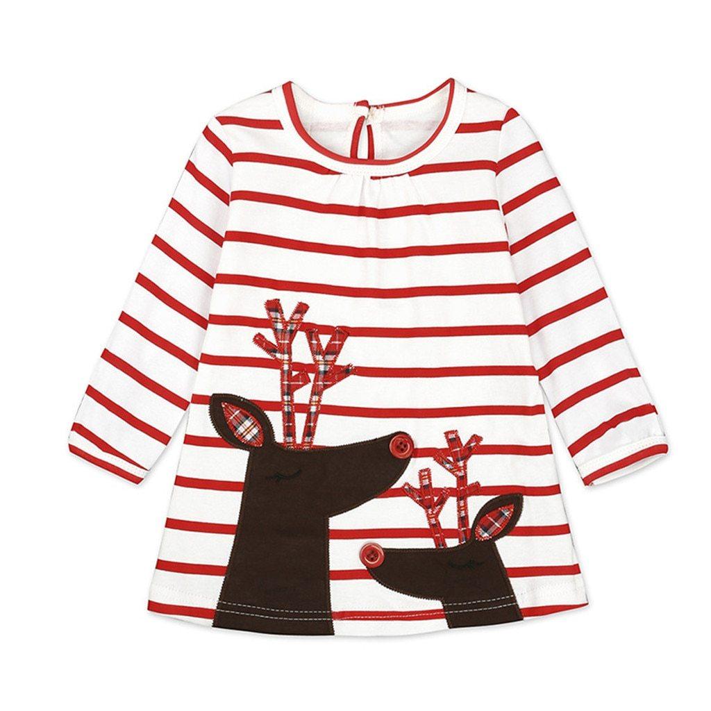 Toddler Girls Christmas Cartoon Deer Stripe Princess Party Dress