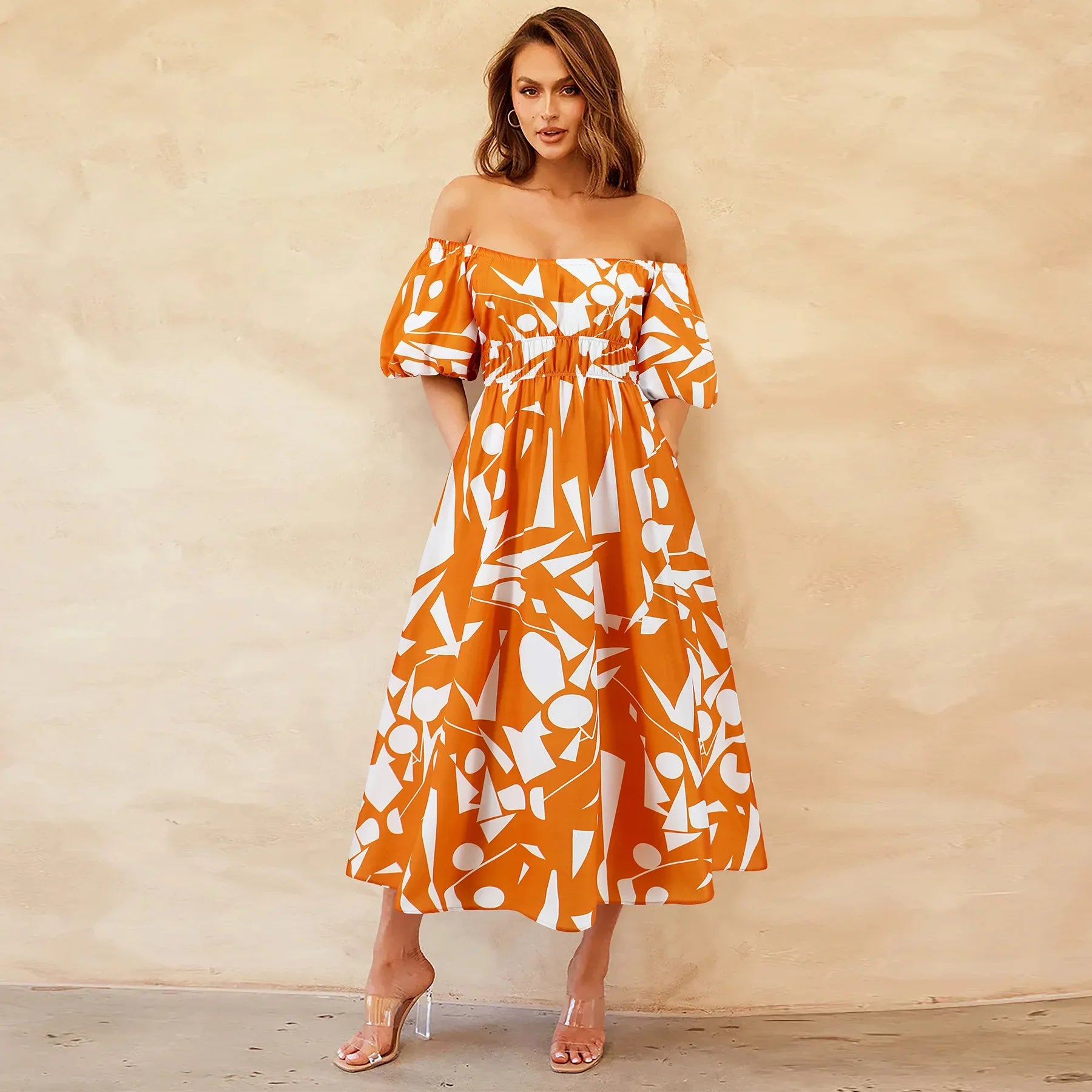 Women's Off Shoulder Bubble Sleeve Maxi Dress