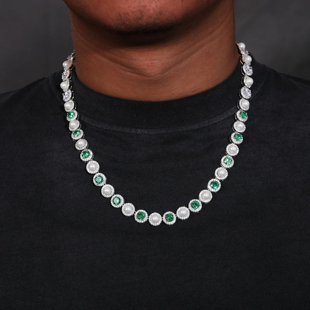 Yves Leon Pearl & Green Gemstone Sterling Silver Necklace - Image 2