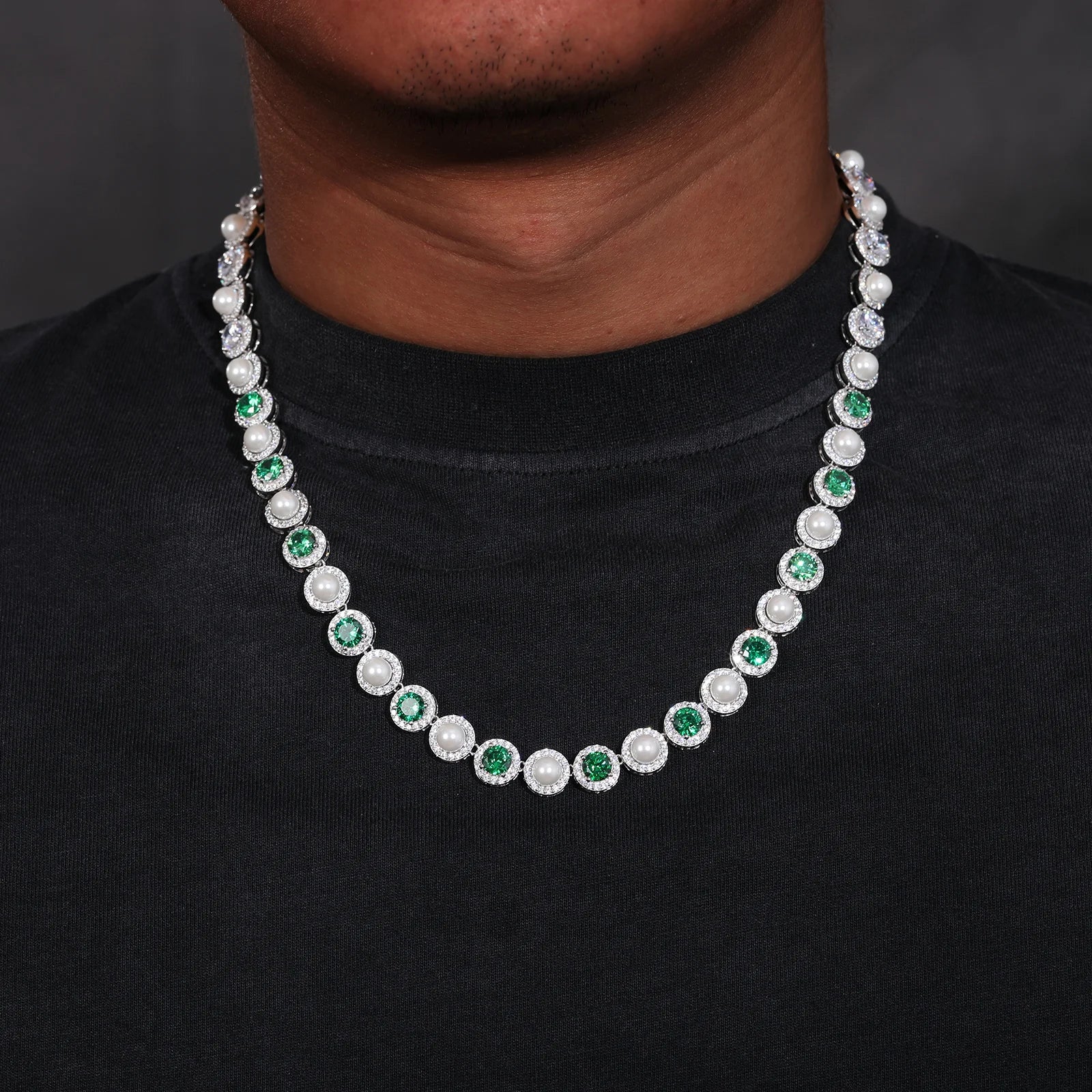Yves Leon Pearl & Green Gemstone Sterling Silver Necklace - Image 2