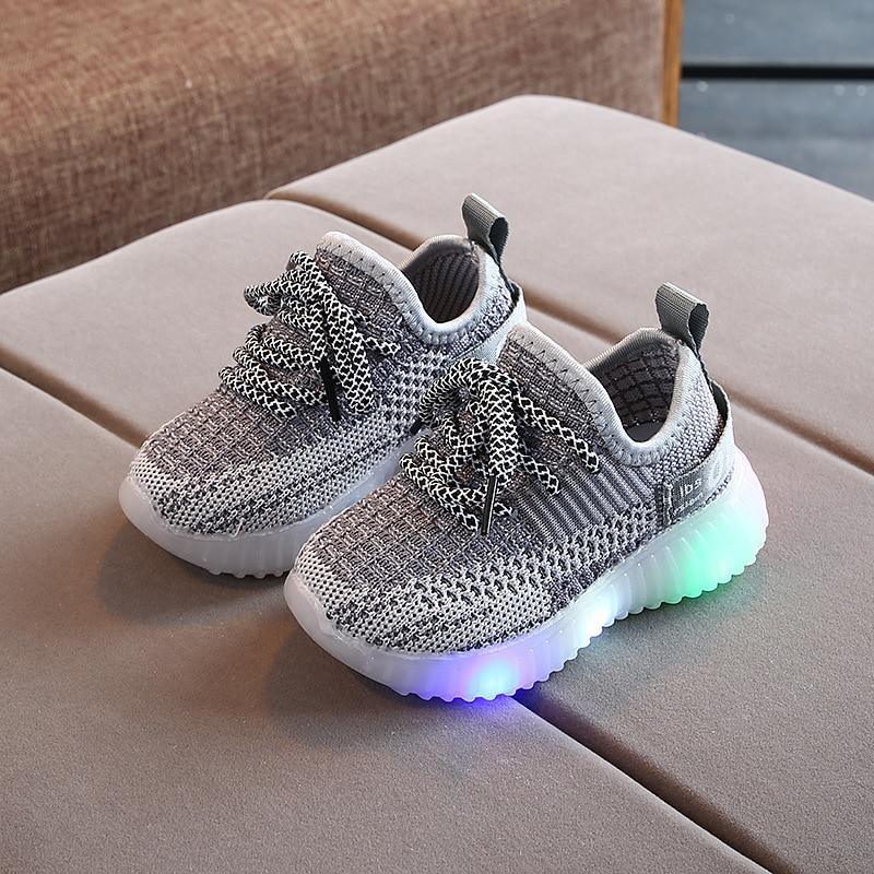 Children's grey and white knit LED sneakers with flashing lights and non-skid soles