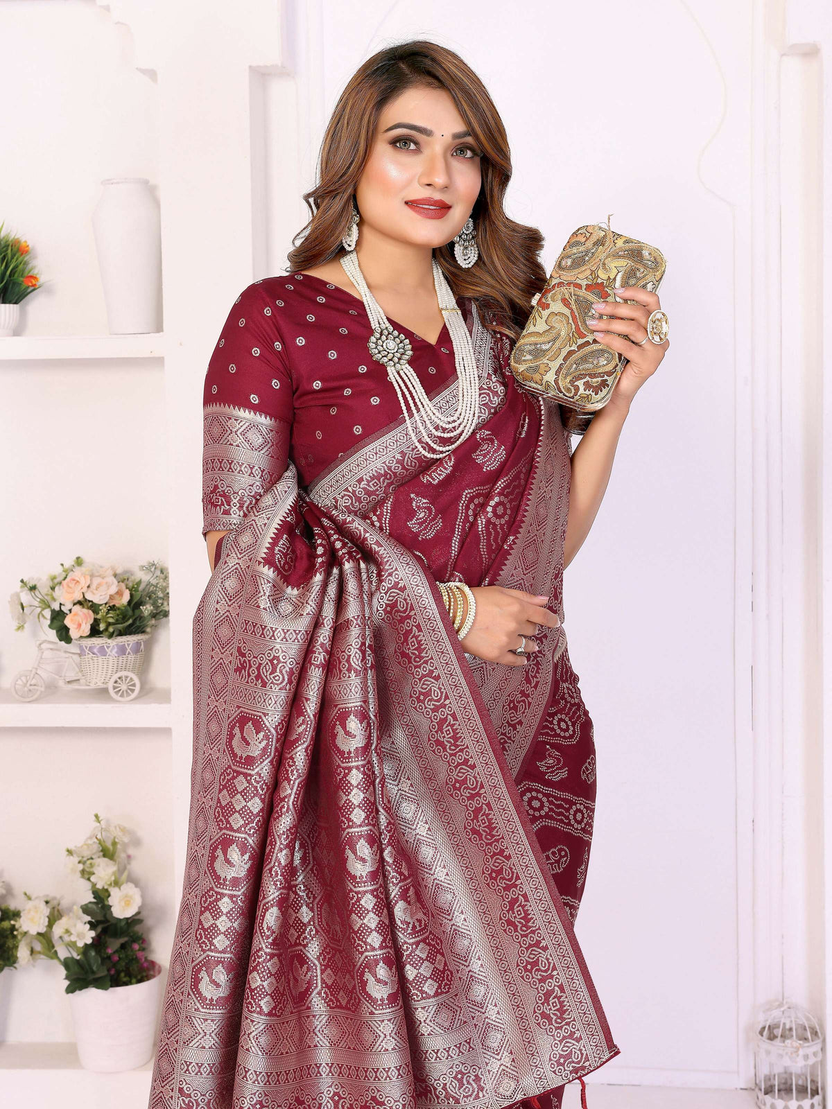 Maroon Georgette Silk Leheriya Saree with Zari Weaving