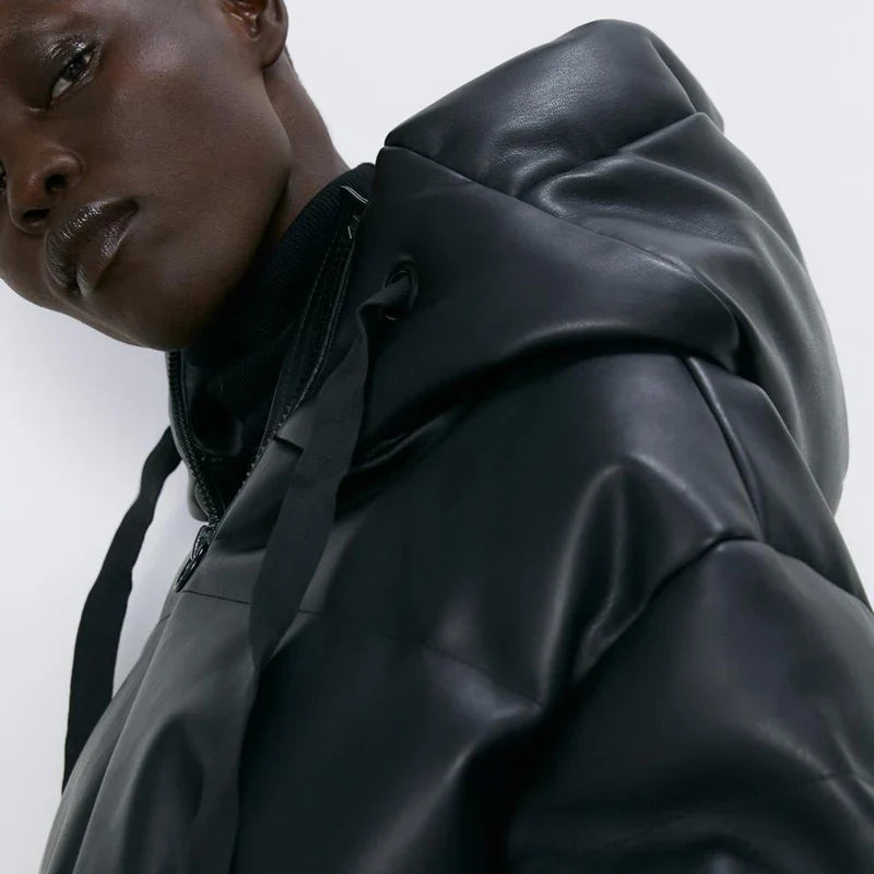 Women's Black Faux Leather Hooded Puffer Parka Jacket - Image 5