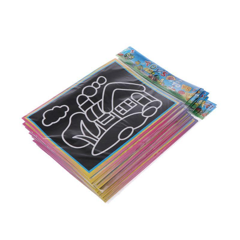A set of 10 scratch art papers with a wooden stylus for kids drawing projects