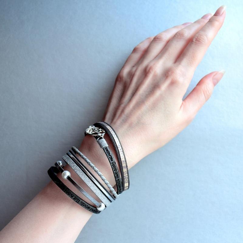 Modern bohemian multilayer black leather cuff bracelet with Tree of Life charm and round pearl accent
