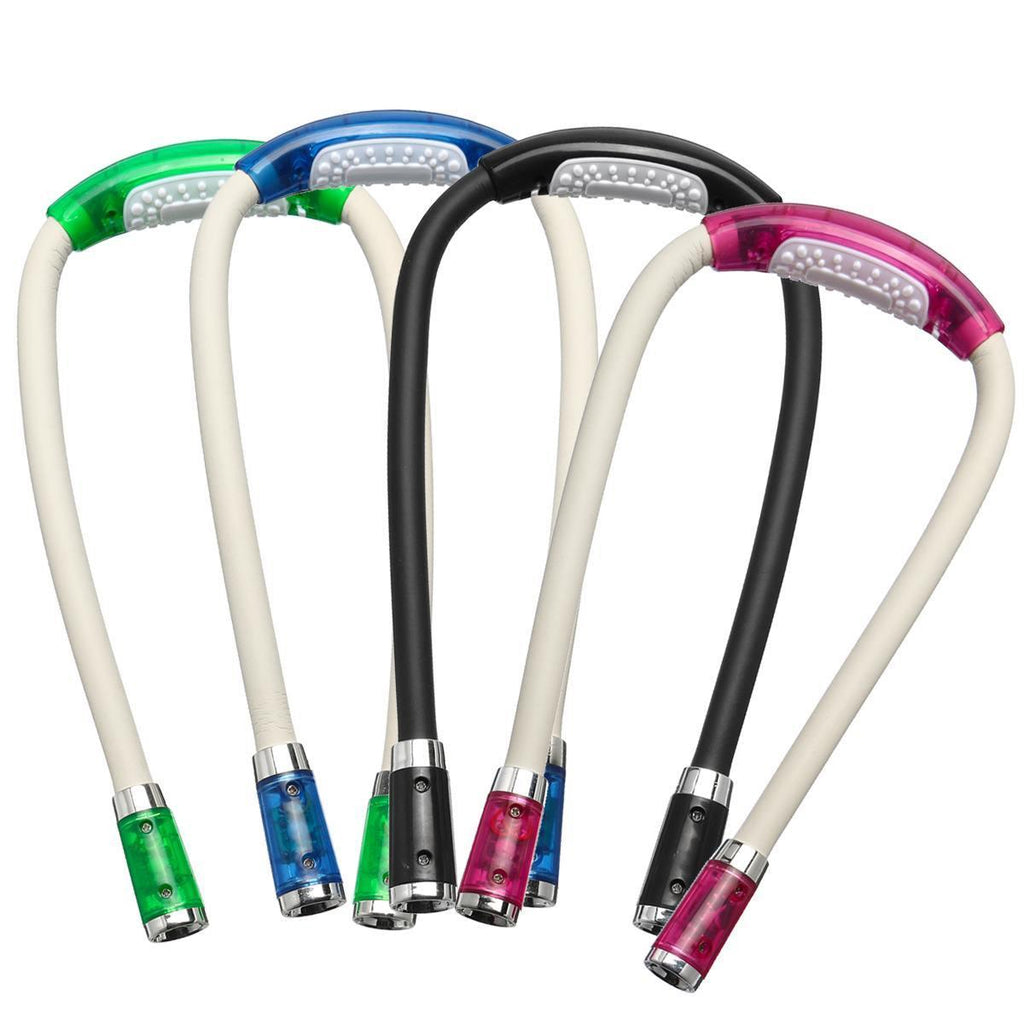 Flexible hands-free LED neck reading lamp in various colors for crafting and reading.