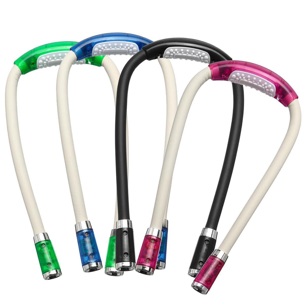 Flexible hands-free LED neck reading lamp in various colors for crafting and reading.