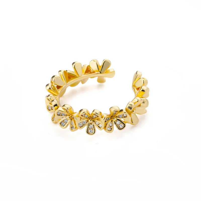 Ladies Flower Open Rings For Women Stainless Steel Cubic Zircon Flower Open Adjustable Ring Jewelry Students Girl Gift