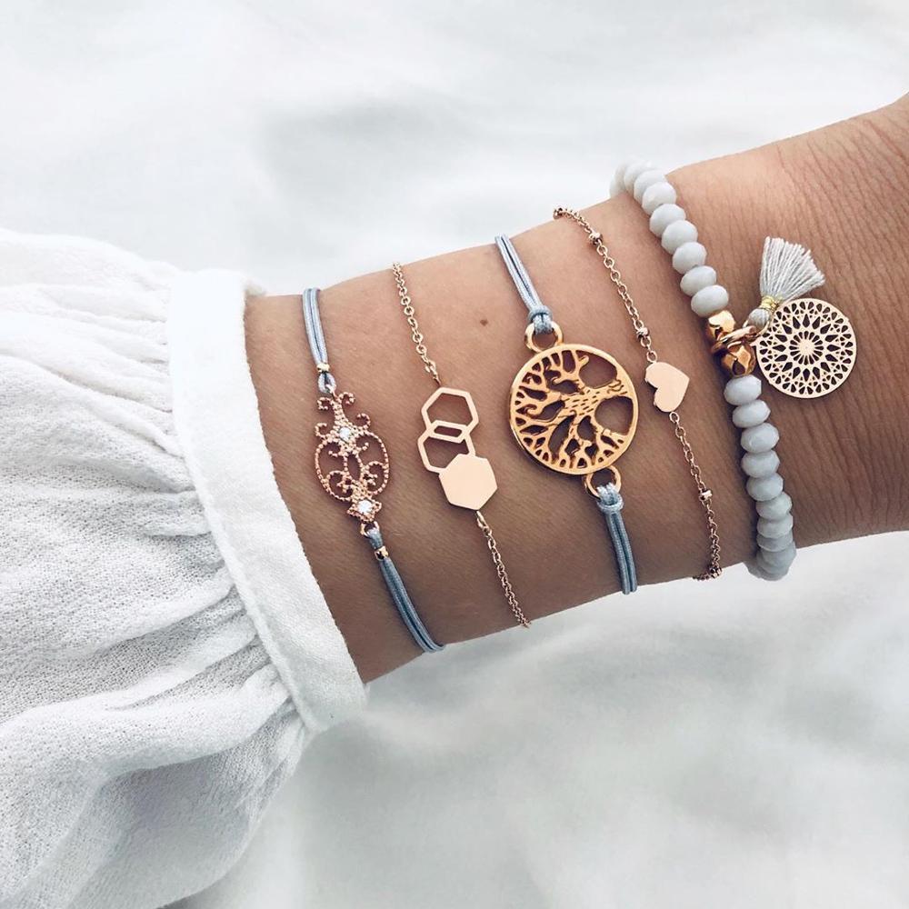 Gold-Plated Bohemian Tree of Life Tassel Bracelet Set for Women