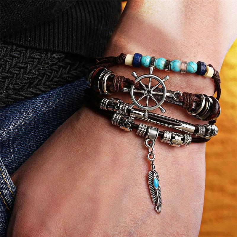 Boho Multilayer Leather Wrap Bracelet with Gemstone Beads