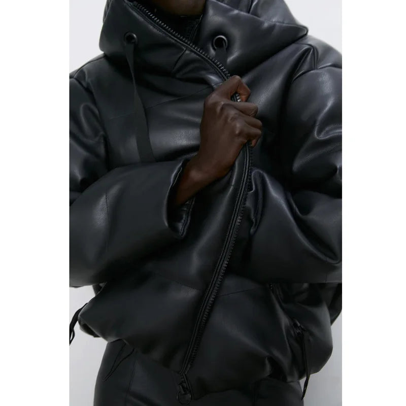 Women's Black Faux Leather Hooded Puffer Parka Jacket - Image 6