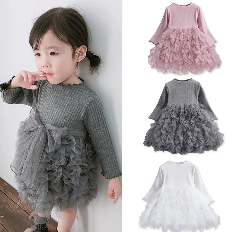 Girls Winter Knit Dress Grey White Festive Long Sleeve Holiday Outfit