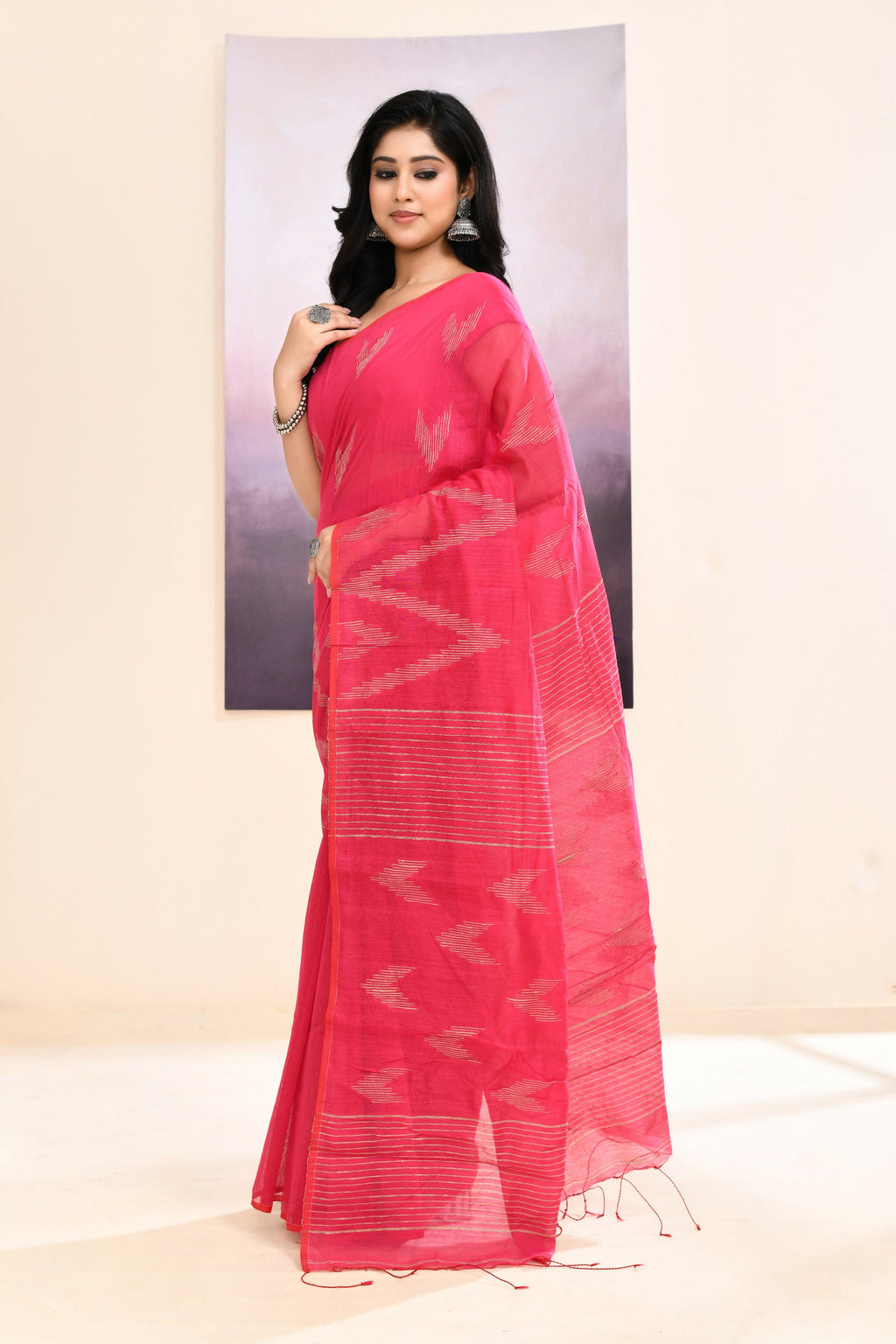 Pink Embellished Cotton Blend Jamdani Saree