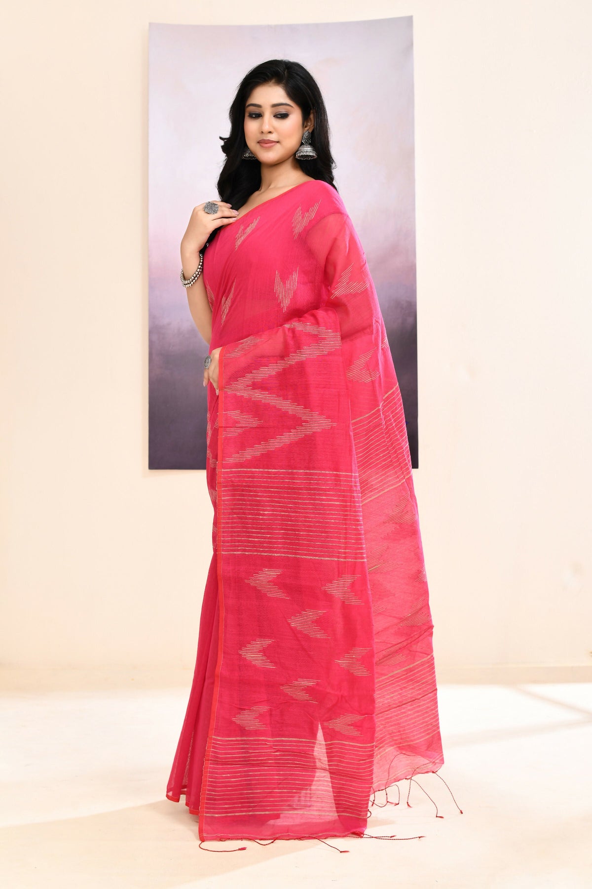 Pink Embellished Cotton Blend Jamdani Saree