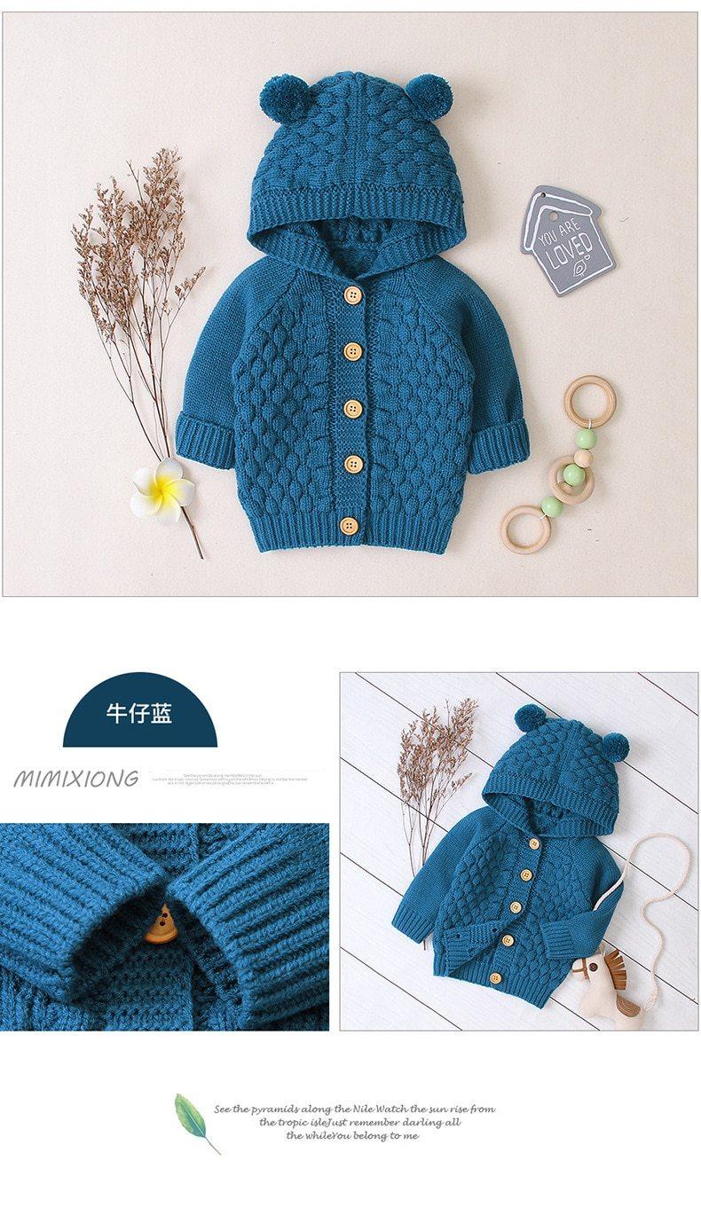 Infant Striped Knit Cardigan Coat with Bear Ear Hood