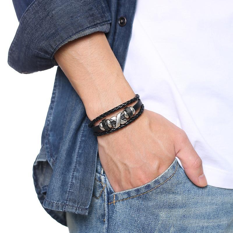 Vintage Men's Leather Playing Card Charm Multilayer Bracelet