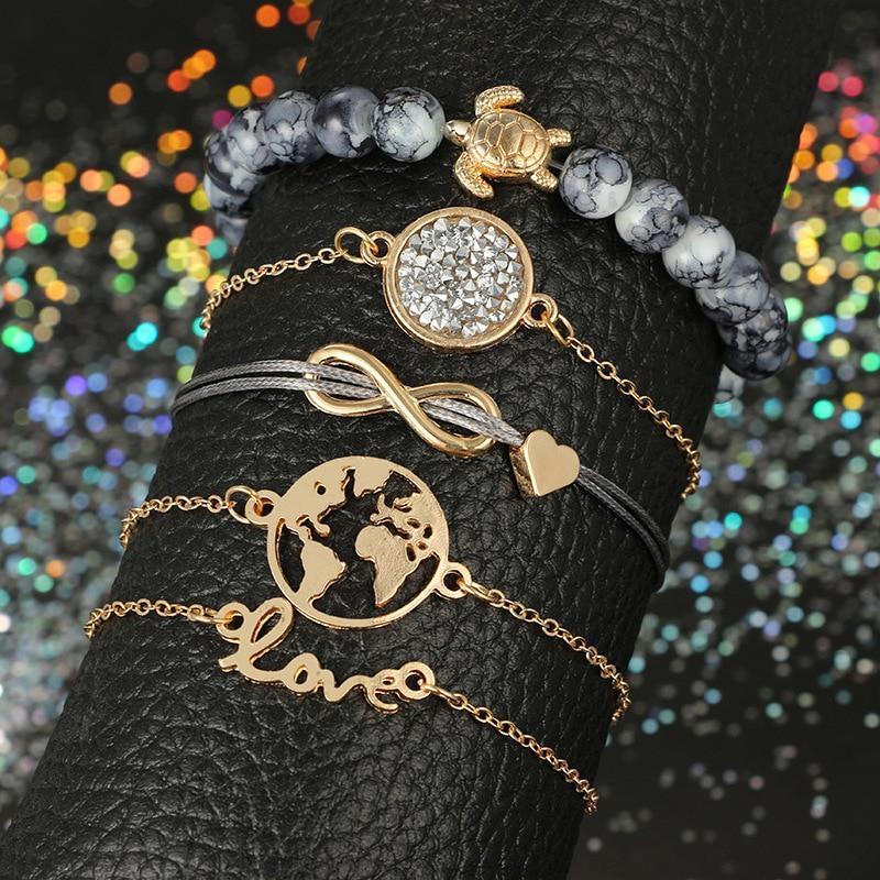 Boho Crystal Marble Heart Cuff Bracelet - Gold Infinity Love Knot