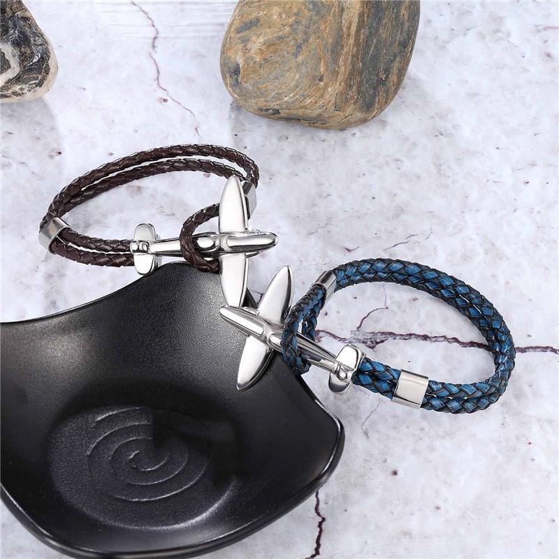 Retro Leather and Stainless Steel Airplane Anchor Bracelet Set