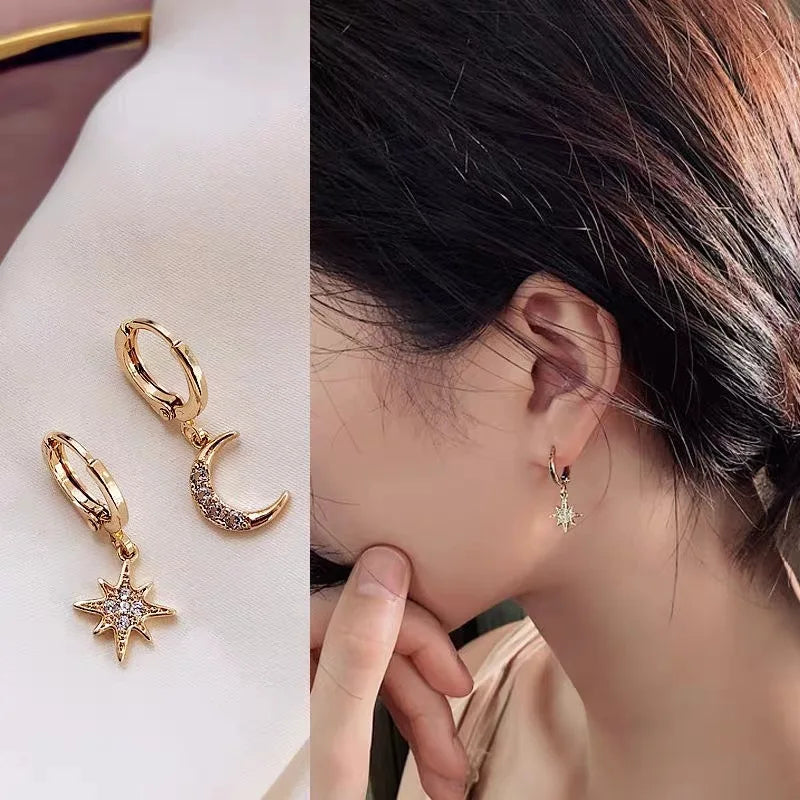 VENTFILLE 925 Sterling CZ Star Moon Asymmetric Hoop Earrings for Women Girls Gold Silver Color Party Jewelry Gifts