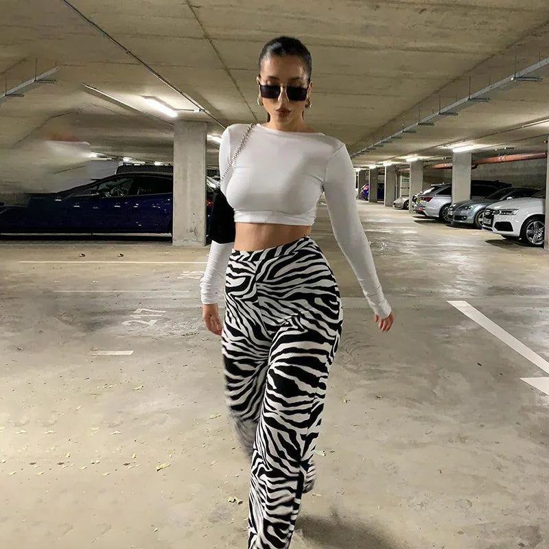 Women's Zebra Print High Waist Wide Leg Pants Casual Trousers - Image 16