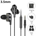 Wired dual driver earphones in black and brown with storage bag and accessories