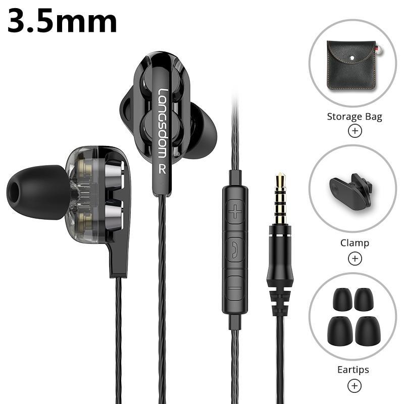 Modern dual-driver wired Type-C earphones in black or white with included storage bag.