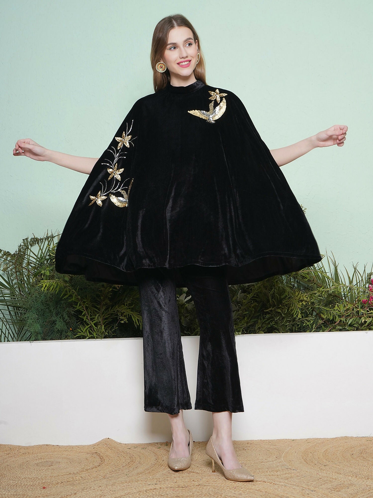 Joban Fashion Black Hand Embellished Cape Style Kurta with Bellbottom Pants
