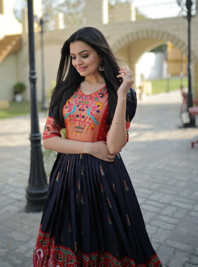 Navy Blue Patola Print Dola Silk Anarkali Dress with Foil