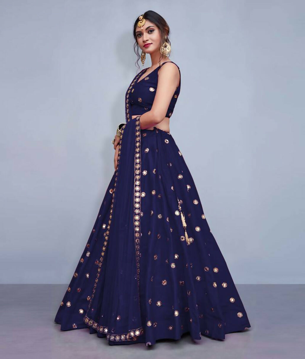 Navy Blue Art Silk Lehenga Choli with Mirror Work and Sequins
