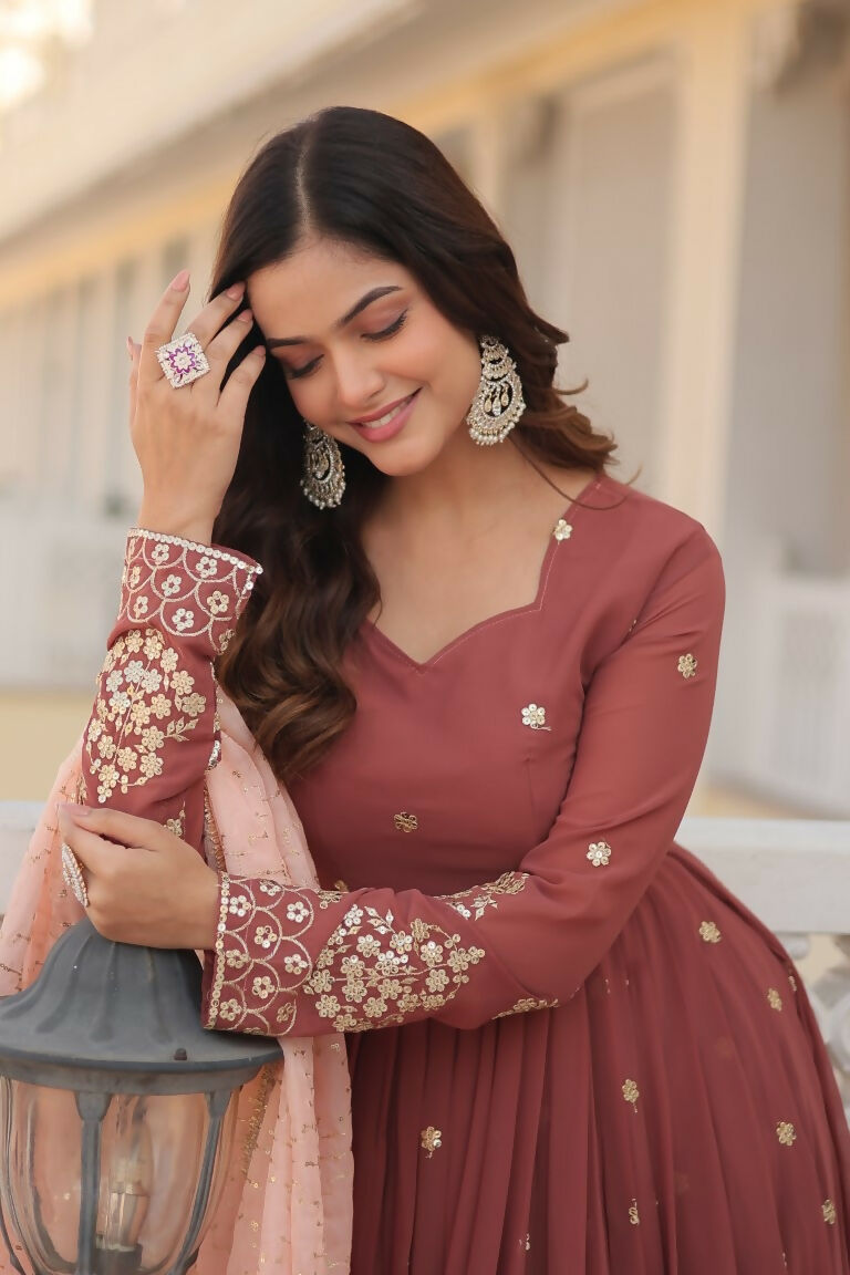 Brown Faux Georgette Sequins Thread Embroidery Anarkali Dress