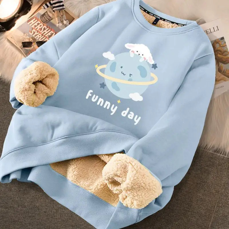 Women's Cream Fleece Lined Graphic Sweater with Cute Bear Print - Image 46