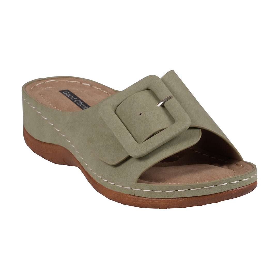 Women's Hamden green flat sandals with buckle strap detail