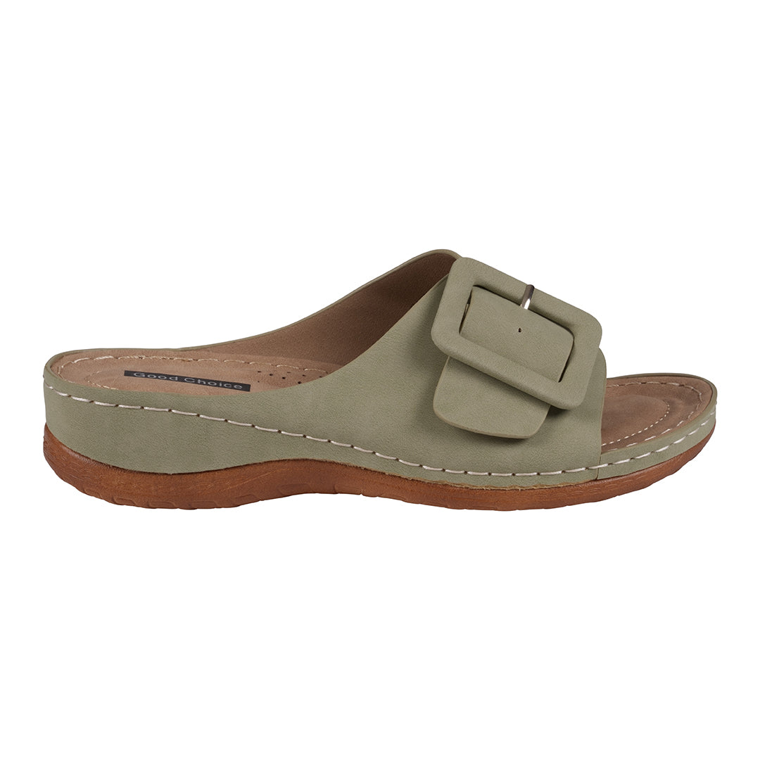 Women's Green Buckled Flat Sandals with Secure Adjustable Fit