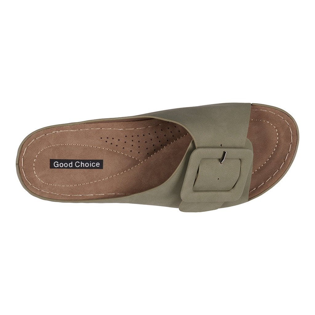 Women's Green Buckled Flat Sandals with Secure Adjustable Fit