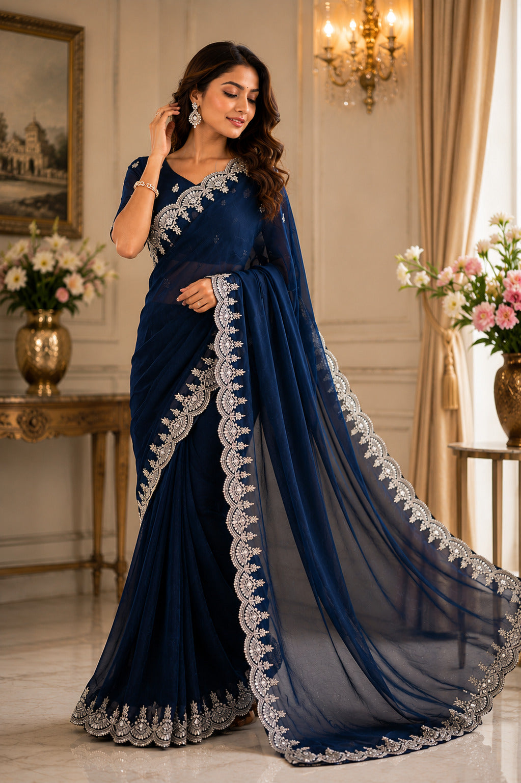 Navy Blue Embroidered Shimmer Chiffon Saree with Blouse Piece