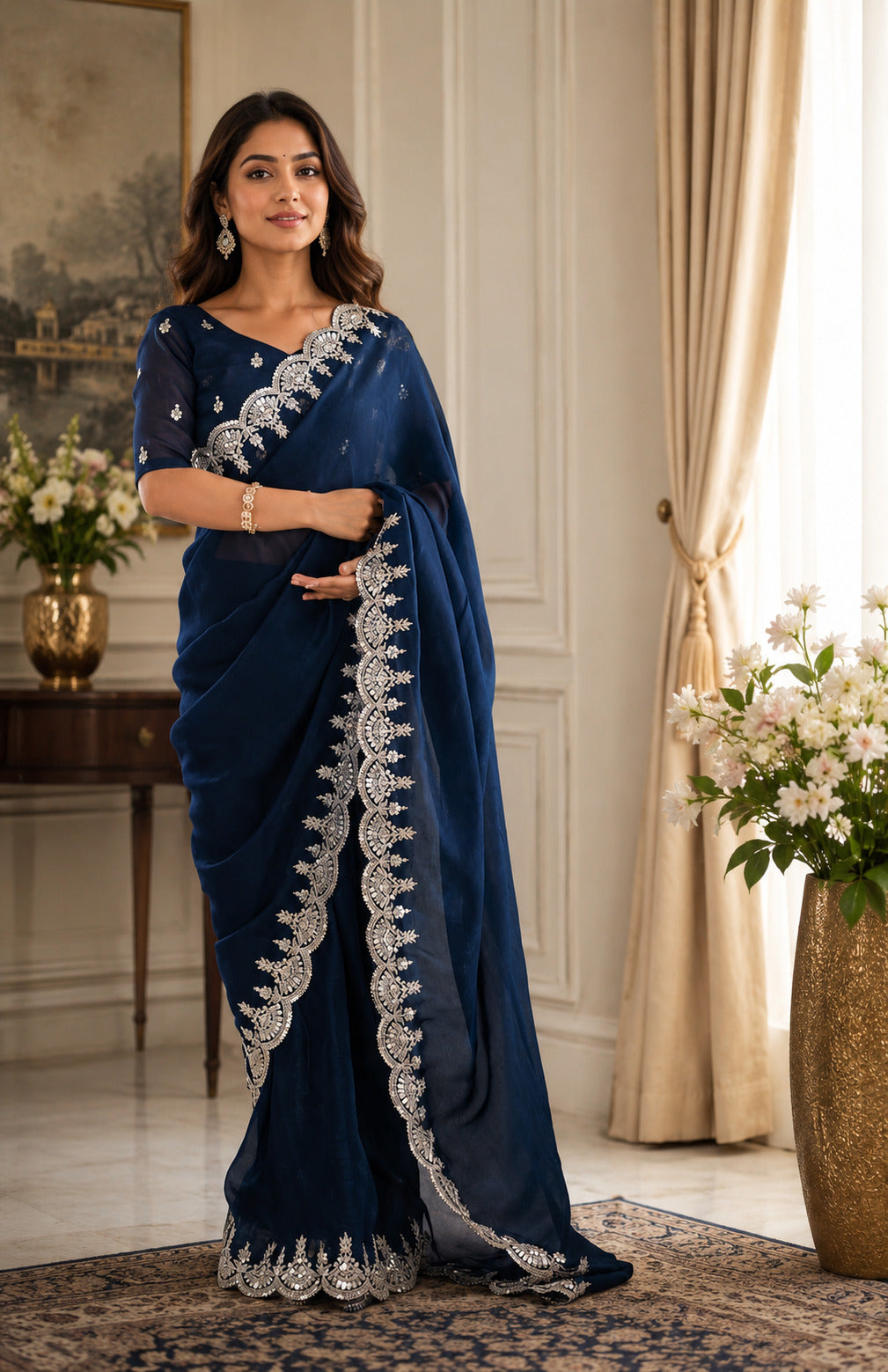 Navy blue shimmer chiffon party wear saree with elegant embroidery.