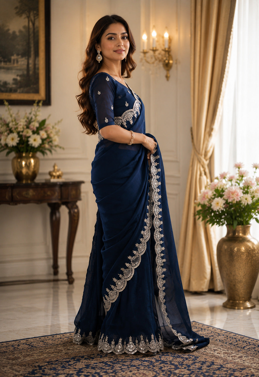 Navy Blue Embroidered Shimmer Chiffon Saree with Blouse Piece