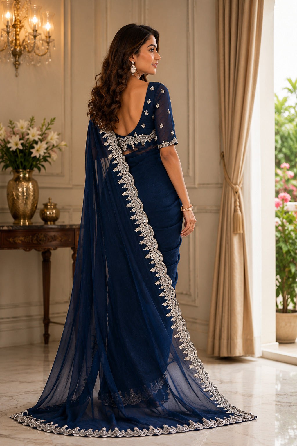 Navy Blue Embroidered Shimmer Chiffon Saree with Blouse Piece